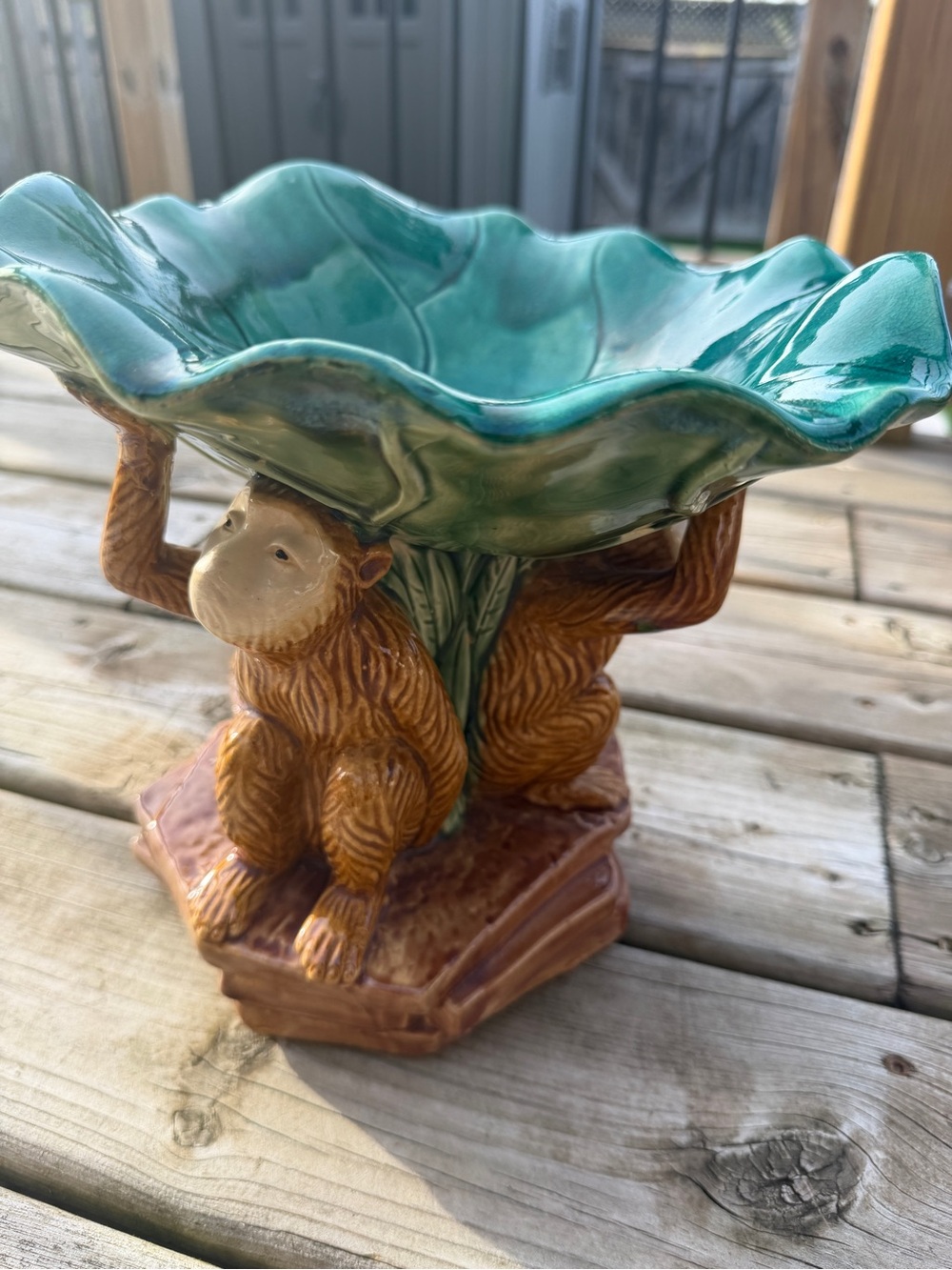 Vintage Majolica Style Monkey Pedestal Bowl Green Leaf ~11”